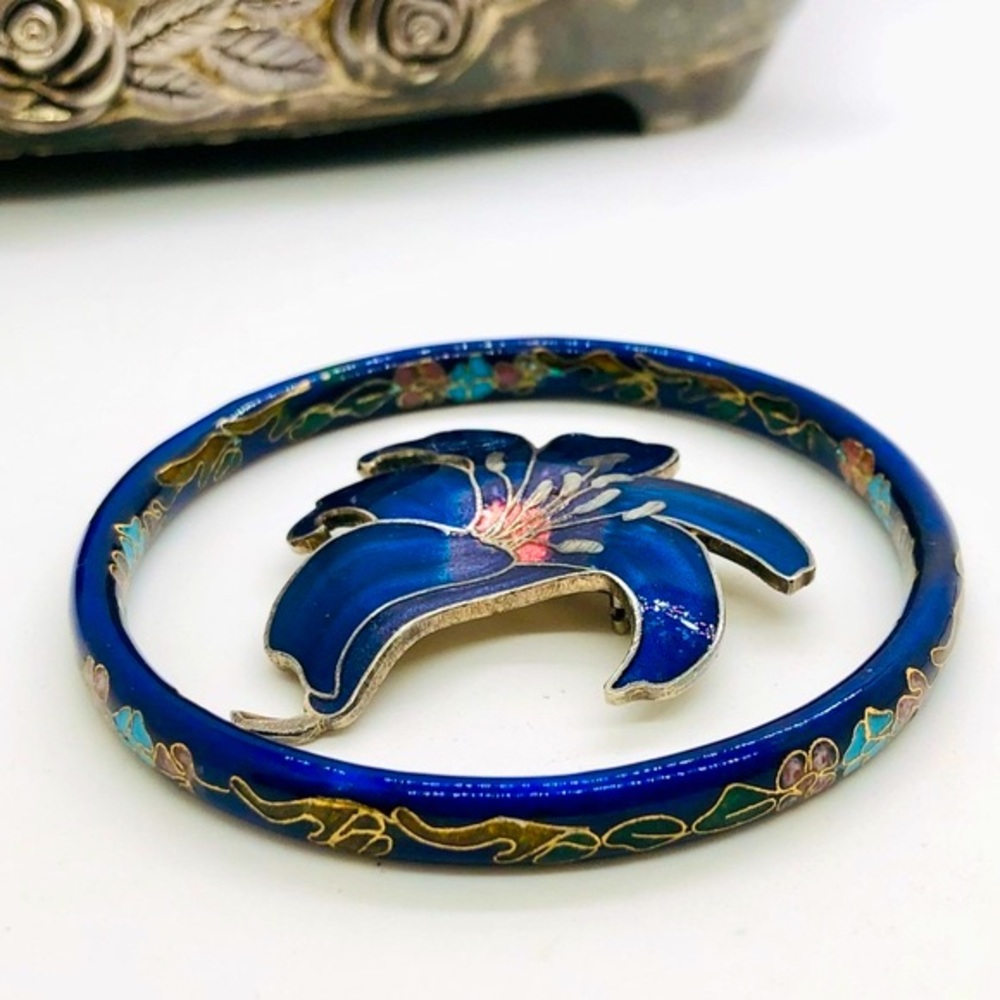 Vintage Blue Floral Cloisonné Bracelet & Brooch
